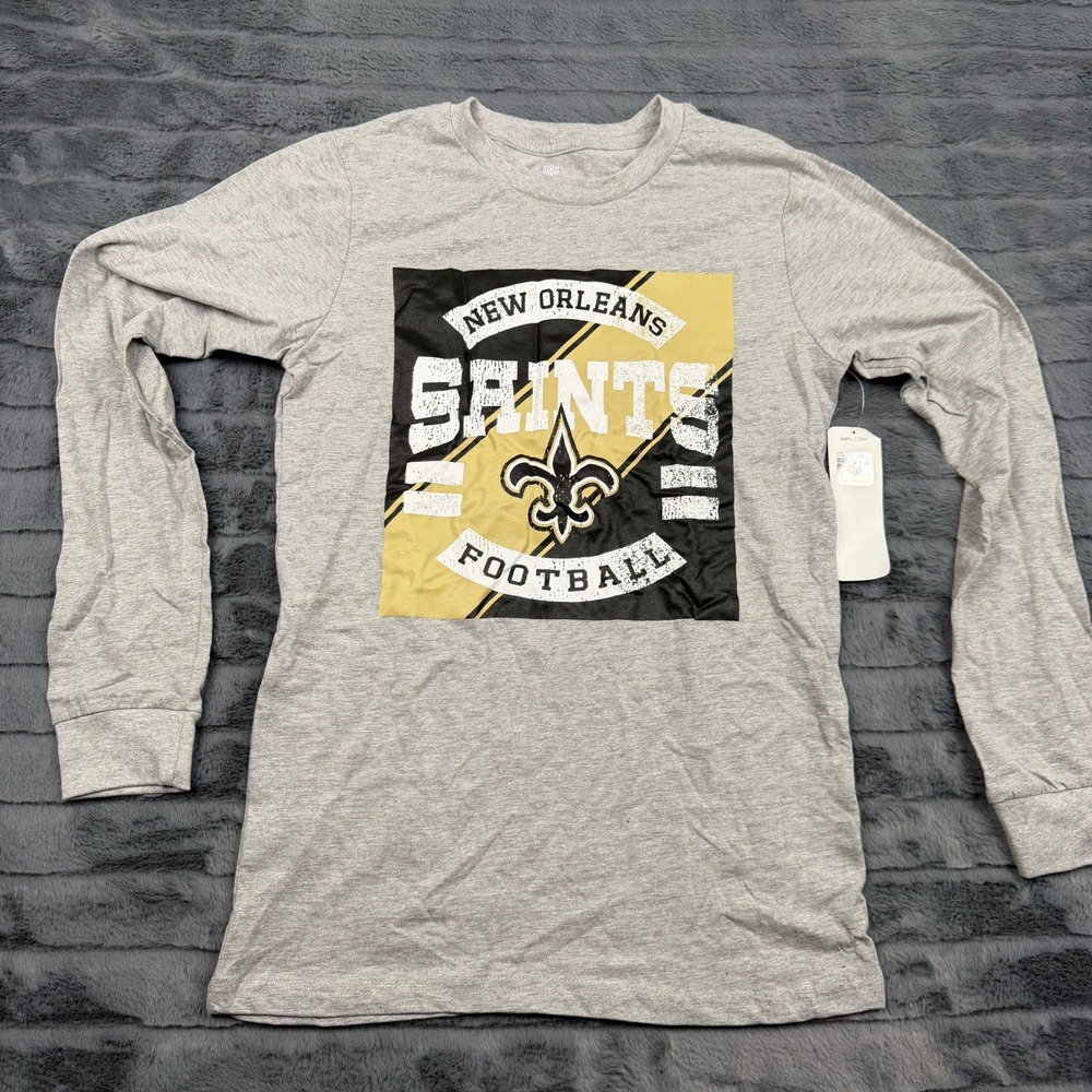 NFL Team Apparel Kids New Orleans Saints Gray Long Sleeve Graphic Shirt L 10-12